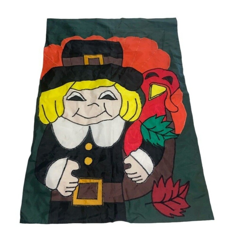 Vintage Thanksgiving Pilgrim Garden Flag Outdoor 27x40 Turkey Colorful Yard